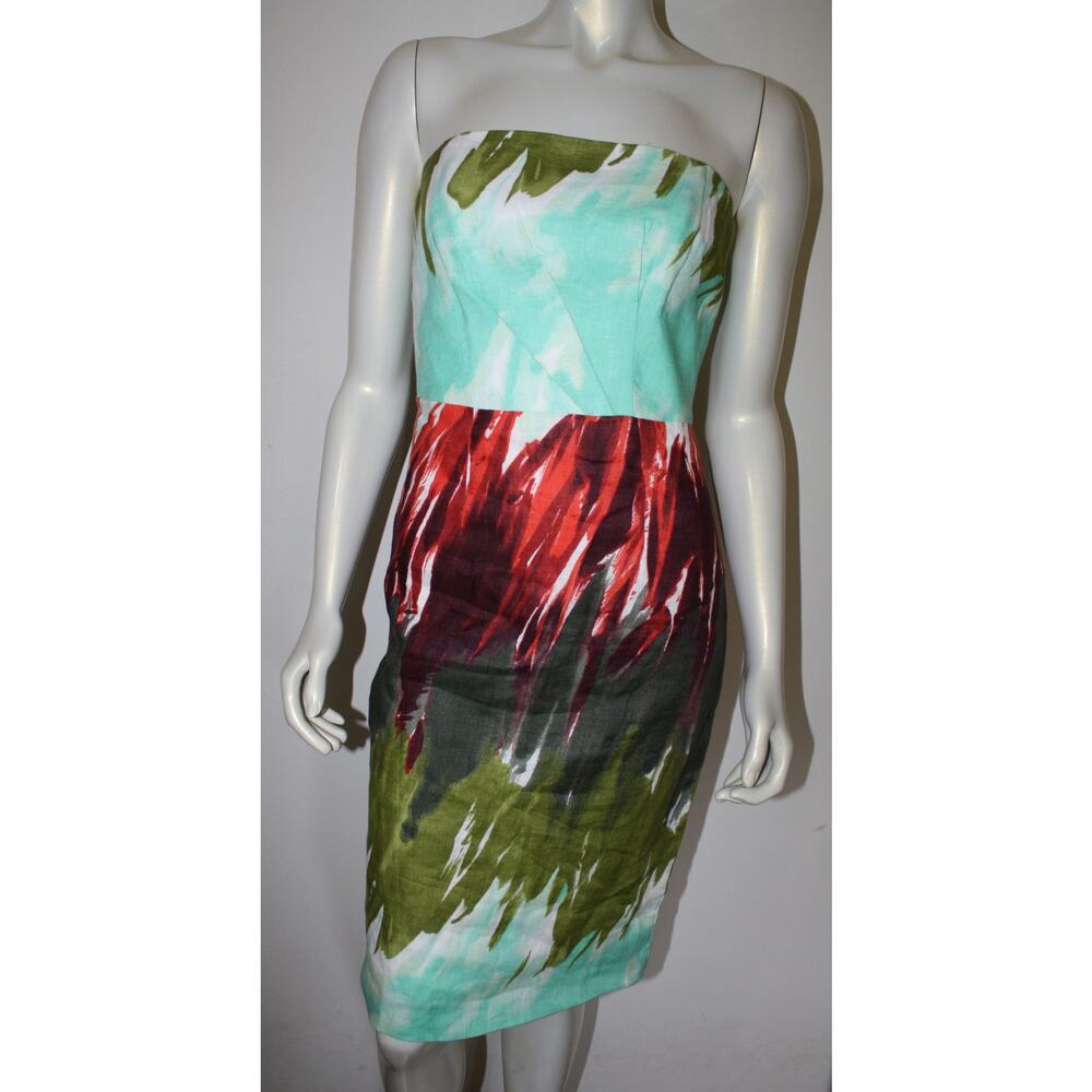 MILLY New York Linen Dress 2 Red Blue Green Watercolor Strapless